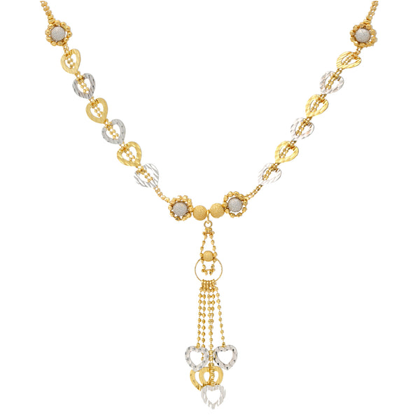 22K Yellow & White Gold Beaded Heart Necklace Set (15.6gm) | 


Virani Jewelers presents opulence with this 22k gold necklace and earring set, featuring intri...