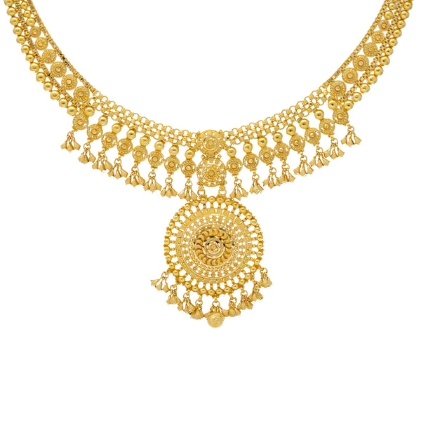 22K Yellow Gold Beaded Filigree Necklace Set (56.4gm) | 


Indulge in lustrous glow of opulence with this 22k gold necklace and earring set by Virani Jew...