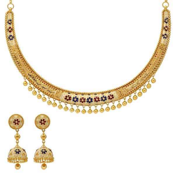 22K Yellow Gold Meenakari Necklace Set (63.4gm) | 


Embrace cultural charm with 22k gold necklace and Jhumka earring set by Virani Jewelers.   The...
