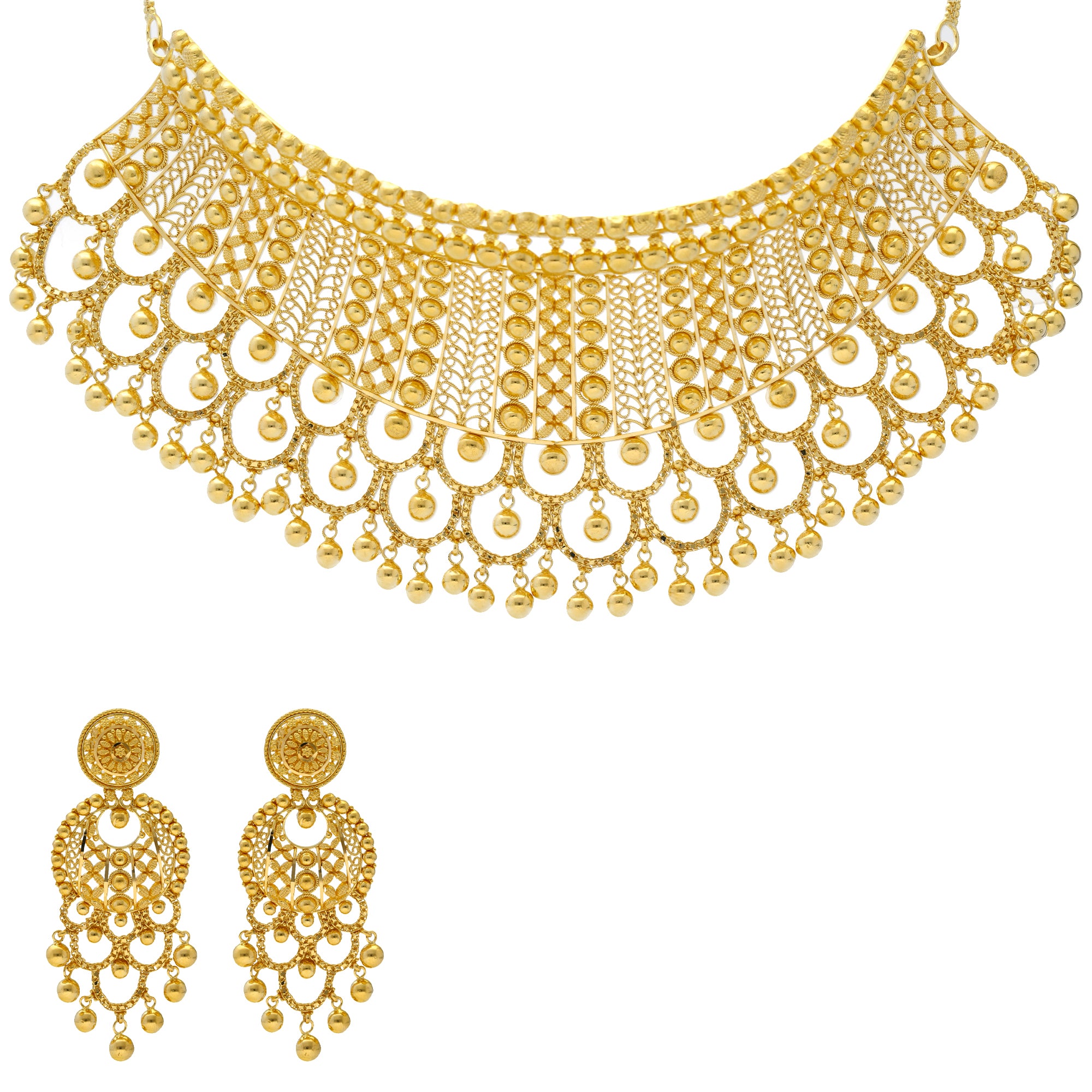 Virani Jewelers 22K Yellow Gold Beaded Filigree Necklace Set 75gm