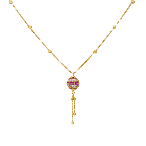 22K Yellow Gold, CZ & Ruby Beaded Chain (8.3gm) | 


Revel in feminine beauty of this 22k gold beaded chain by Virani Jewelers.   The intricate des...