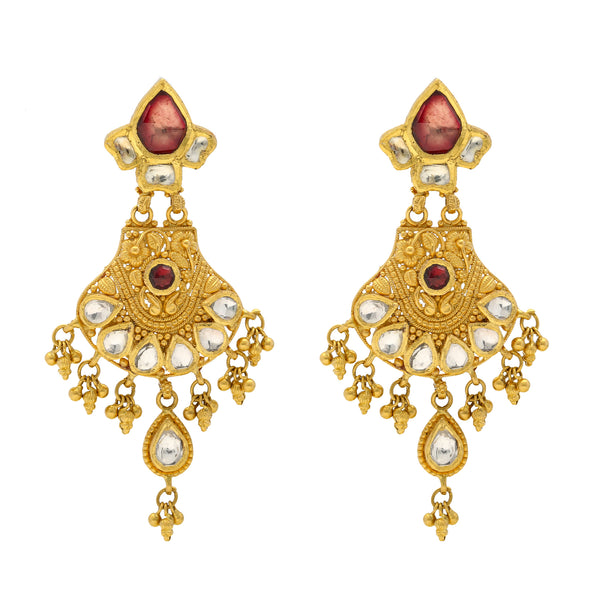 22K Yellow Gold Chandbali Earrings with Kundans & Rubies (26.1gm) | Virani Jewelers unveils the epitome of cultural elegance in the form of these 22k gold Chandbali ...