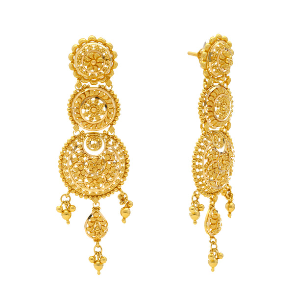 22K Yellow Gold Beaded Filigree Earrings (19.3gm) | Immerse yourself in the intricate patterns of these 22K gold Indian dangle earrings with beaded f...