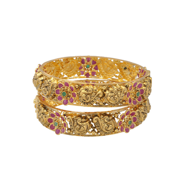 22K Yellow Gold & Gemstone Temple Bangle Set (54.3gm) | 


Transport yourself to the golden era with our enchanting 22k yellow gold and gemstone temple b...