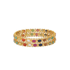 22K Yellow Gold, Kundan, Gem, & Pearl Bangle Set (40.4gm)