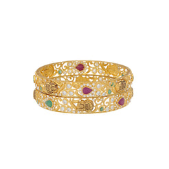 22K Yellow Gold Temple Bangle Set w/ CZ, Emeralds & Rubies (33.6gm)