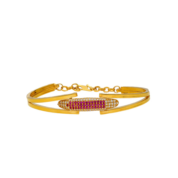 22K Yellow Gold, CZ & Ruby Bangle (9.5gm) | Elevate your style with this 22k yellow gold and gemstone bangle by Virani Jewelers. This strikin...