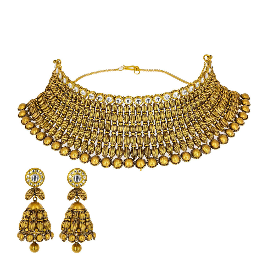 22K Yellow Gold Antique Choker Set W/ Kundan & Striped Spindle Beads - Virani Jewelers | Make a memorable statement of luxury and design in this most exquisite women’s 22K yellow gold an...