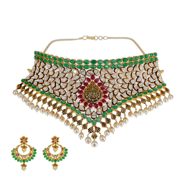 22K Yellow Gold Choker Set W/ Precious Emeralds, Rubies, CZ Gemstones & Hanging Pearls - Virani Jewelers | Make a memorable statement of luxury and design in this most exquisite women’s 22K yellow gold ch...
