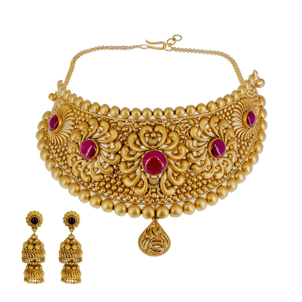 22K Yellow Gold Antique Choker Set W/ Rubies & Matte Finished Raised Design - Virani Jewelers | Make a memorable statement of luxury and design in this most exquisite women’s 22K yellow gold an...