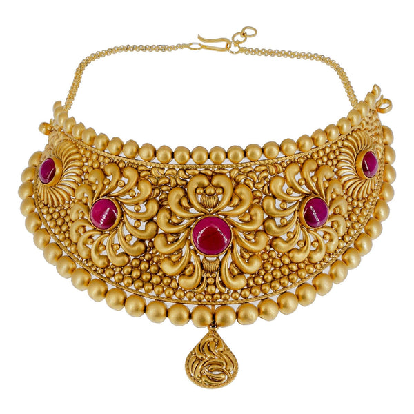 22K Yellow Gold Antique Choker Set W/ Rubies & Matte Finished Raised Design - Virani Jewelers | Make a memorable statement of luxury and design in this most exquisite women’s 22K yellow gold an...