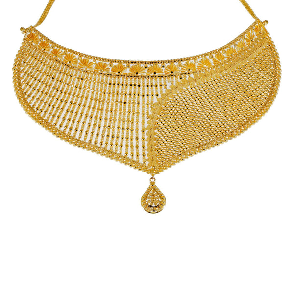 22K Yellow Gold Choker Set W/ Asymmetric Gold Ball Design & Jhumki Earrings - Virani Jewelers | Make a memorable statement of luxury and design in this most exquisite women’s 22K yellow gold ch...