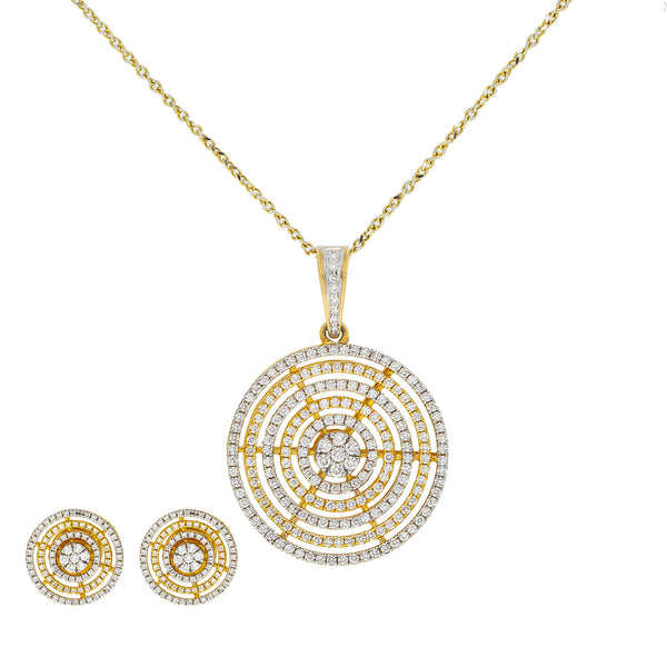 18K Yellow & White Gold Diamond Pendant Set (16.4gm) | 


The mesmerizing assembly of diamonds used along the gold necklace and earrings of this stunnin...
