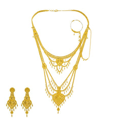 An image a 22K Indian gold necklace with nose ring and matching earrings from Virani Jewelers.