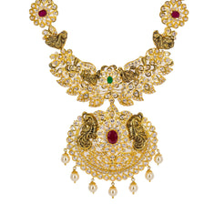 22K Yellow Gold Long Necklace W/ Rubies, Emeralds, CZ, Pearls & Antique Gold Peacock Accents - Virani Jewelers