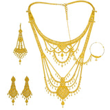 An image showing the regal 22K Indian gold necklace set with matching earrings and a nose ring from Virani Jewelers. | Look like the most stunning person in the room with this magnificent 22K gold necklace set from V...