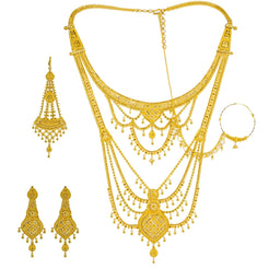 An image showing the regal 22K Indian gold necklace set with matching earrings and a nose ring from Virani Jewelers.
