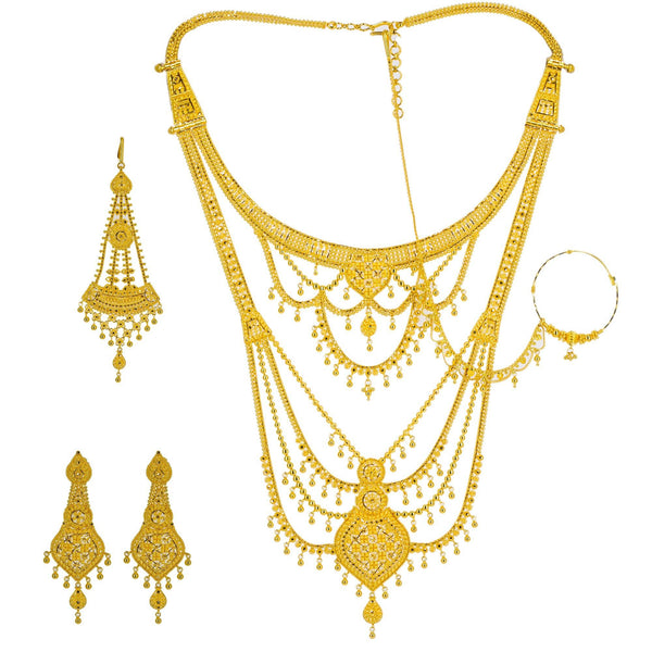 An image showing the regal 22K Indian gold necklace set with matching earrings and a nose ring from Virani Jewelers. | Look like the most stunning person in the room with this magnificent 22K gold necklace set from V...