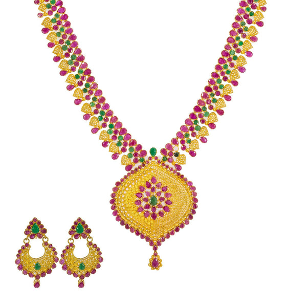 An image of a colorful 22K gold necklace set from Virani Jewelers. | Stand out from the crowd with this radiant 22K gold necklace and earring set from Virani Jewelers...