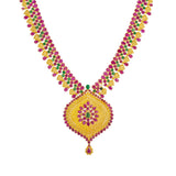 An image showing the colorful embellishments on the 22K gold necklace from Virani Jewelers. | Stand out from the crowd with this radiant 22K gold necklace and earring set from Virani Jewelers...