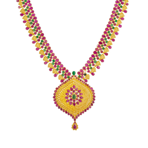 An image showing the colorful embellishments on the 22K gold necklace from Virani Jewelers. | Stand out from the crowd with this radiant 22K gold necklace and earring set from Virani Jewelers...