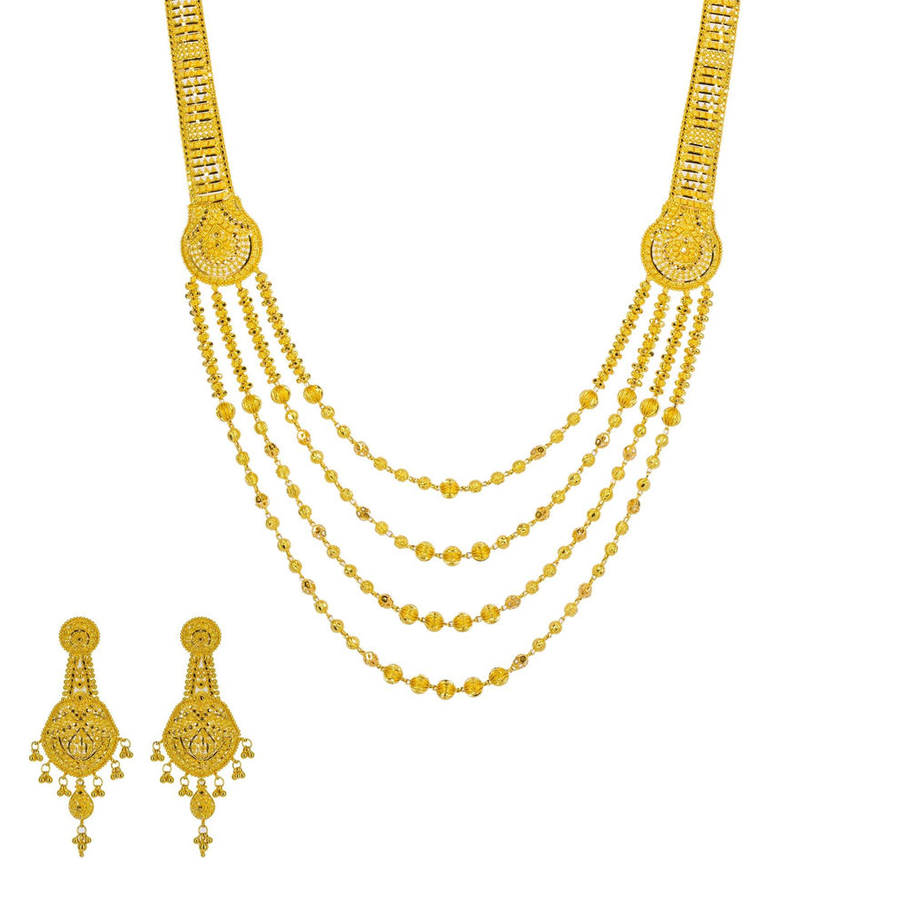 An image of the 22K gold necklace set with matching earrings from Virani Jewelers. | Go from ordinary to extraordinary with this beautiful 22K gold necklace from Virani Jewelers!

Ex...