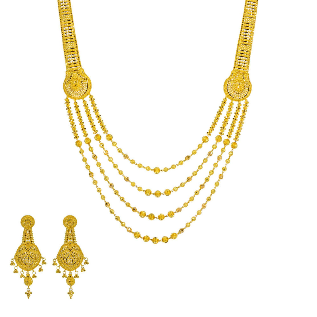 22K Yellow Gold Long Necklace Earrings Set w Draping Collar Strands
