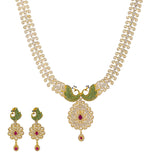 An image of a gorgeous 22K gold necklace set with peacock accents from Virani Jewelers. | Make your evening one to remember with this gorgeous 22K gold necklace from Virani Jewelers!

Fea...