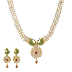 An image of a gorgeous 22K gold necklace set with peacock accents from Virani Jewelers.