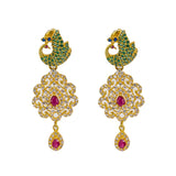 An image of the matching 22K gold earrings with peacock accents from Virani Jewelers. | Make your evening one to remember with this gorgeous 22K gold necklace from Virani Jewelers!

Fea...