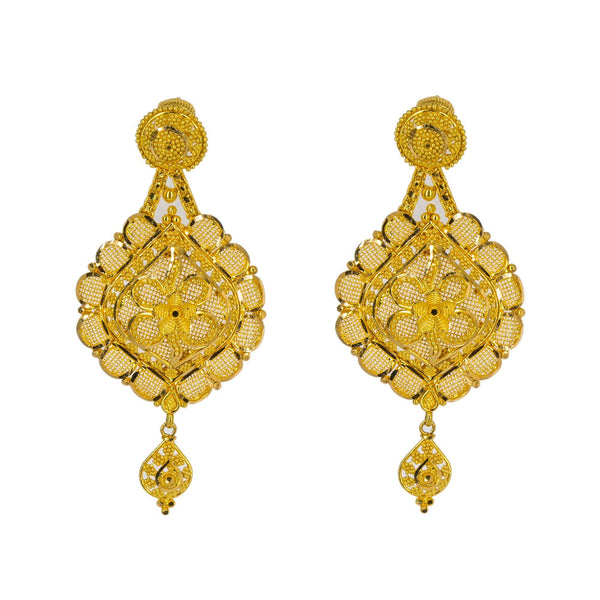 An image of the unique design on the 22K gold earrings from Virani Jewelers. | Show the world how classy and elegant you can be with this gorgeous 22K antique gold long necklac...