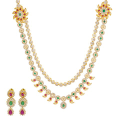 An image of the 22K gold necklace set with gemstone embellishments from Virani Jewelers.
