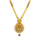 An image of a 22K gold necklace with peacock accents from Virani Jewelers. | Add variety to your wardrobe with this gorgeous 22K gold large shield pendant from Virani Jeweler...