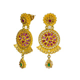 An image showing the side of the gemstone-embellished Indian gold earrings from Virani Jewelers. | Add variety to your wardrobe with this gorgeous 22K gold large shield pendant from Virani Jeweler...