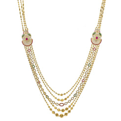 22K Yellow Gold Multi Layered Gemstone Ball Haaram Necklace W/ Rubies, Emeralds, CZ Gemstones & Double Peacock Side Pendants - Virani Jewelers