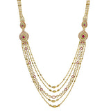 An image of a multi-stranded 22K gold necklace with gemstone accents from Virani Jewelers | Add this beautiful 22K yellow gold Haaram necklace from the artisans at Virani Jewelers and incre...