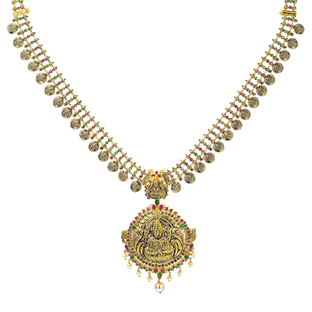An image of an elegant temple-style Indian necklace from Virani Jewelers | Searching for a statement accessory to add to your formal wardrobe? This 22K yellow antique gold ...