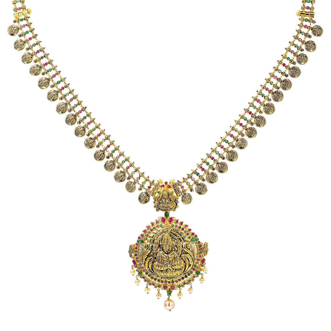 22K Yellow Antique Gold Laxmi Kasu Haaram Necklace w Emeralds Rubies Pearls Large Pendant