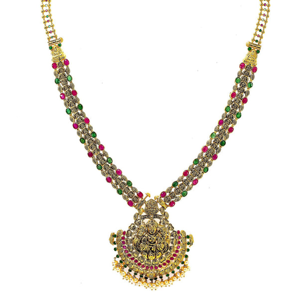 An image of an elegant gold Indian necklace from Virani Jewelers | Looking for 22K yellow antique gold jewelry to add to your wardrobe? This elegant Laxmi necklace ...