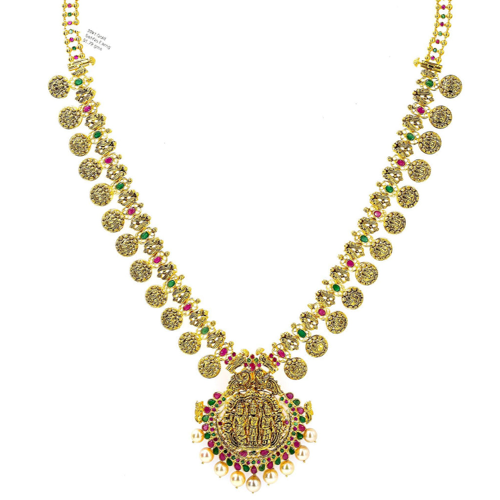22K Yellow Antique Gold Ram Parivar Haaram Necklace W/ Emeralds, Rubies, Pearls & Ram Parivar Kasu - Virani Jewelers | 



Make an undeniable statement of luxury and culture with seamless designs like this 22K yellow...