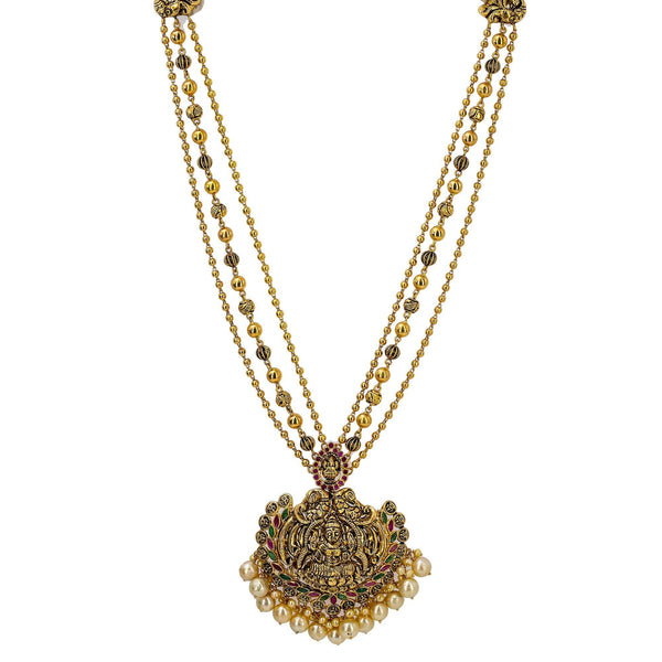 An image of an ornate 22K yellow antique gold necklace with a large pendant designed by Virani Jewelers | Order this gorgeous necklace from Virani Jewelers to express yourself with elegant temple jewelry...