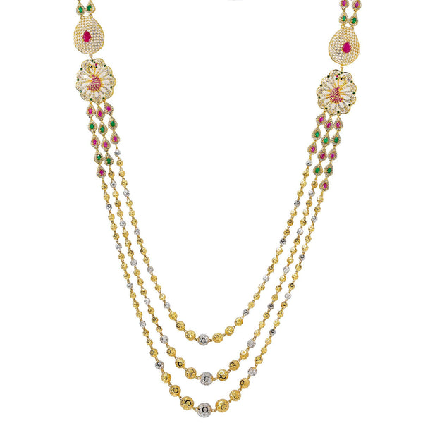 An image of a gorgeous multi-stranded gold necklace from Virani Jewelers | Add elegant beauty to your wardrobe with this 22K multi-tone gold Haaram necklace from Virani Jew...