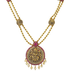 22K Yellow Antique Gold Laxmi Necklace W/ Rubies, Pearls, Double Ball Strands & Adjustable Drawstring Closure - Virani Jewelers