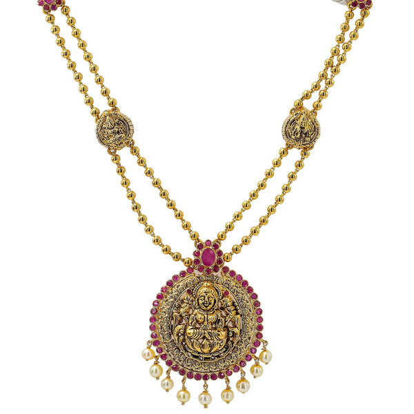 22K Yellow Antique Gold Laxmi Necklace W/ Rubies, Pearls, Double Ball Strands & Adjustable Drawstring Closure - Virani Jewelers | 



Temple jewelry pieces are the sure way of creating an unforgettable look that will turn heads...