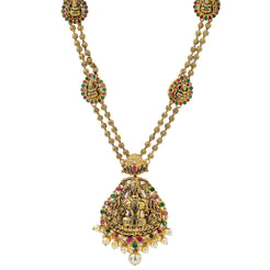 An image of a 22K antique gold necklace with a temple design and multiple pendants from Virani Jewelers