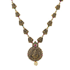 22K Yellow Antique Gold Laxmi Necklace W/ Rubies, Emeralds, Pearl & Adjustable Drawstring Closure - Virani Jewelers