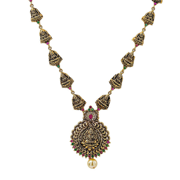 22K Yellow Antique Gold Laxmi Necklace W/ Rubies, Emeralds, Pearl & Adjustable Drawstring Closure - Virani Jewelers | Add a unique piece of Temple jewelry to your attire as the crowning stroke to your look like this...