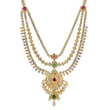 An image of a beautiful 22K yellow gold necklace with pearl and gemstone accents from Virani Jewelers | Looking for an exquisite 22K yellow gold jewelry set to add to your collection? This set from Vir...
