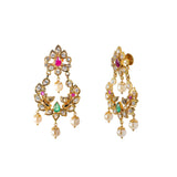 An image of the side of a pair of 22K yellow gold earrings with pearl, ruby, and emerald accents from Virani Jewelers | Looking for an exquisite 22K yellow gold jewelry set to add to your collection? This set from Vir...