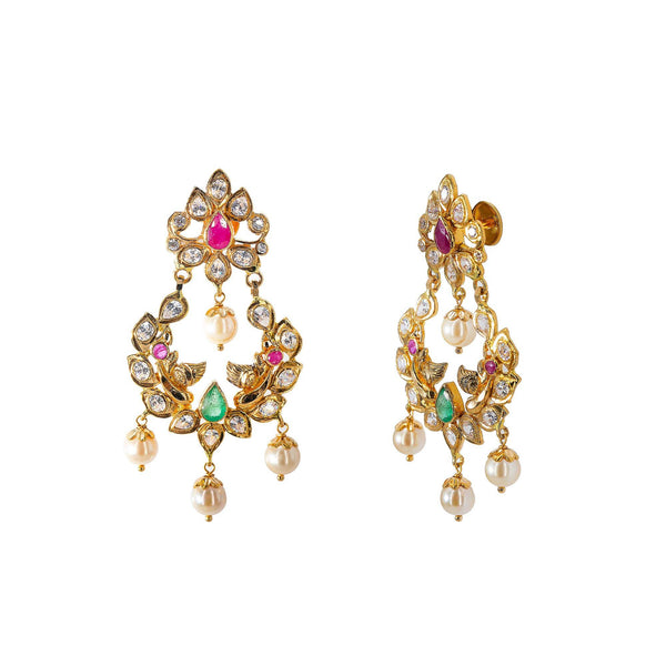 An image of the side of a pair of 22K yellow gold earrings with pearl, ruby, and emerald accents from Virani Jewelers | Looking for an exquisite 22K yellow gold jewelry set to add to your collection? This set from Vir...